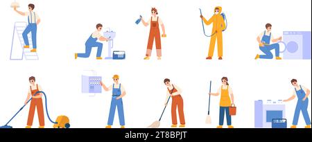 Cartoon repairman characters. Electrician, plumber and disinfector, cleaning service staff workers. Female male characters snugly vector set Stock Vector