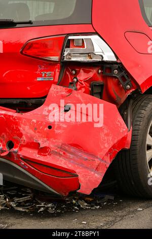 Pontypridd, Wales - 28 October 2023: Rear of a VW Golf car damaged in a crash. Stock Photo