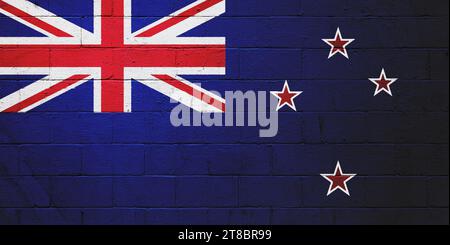 Flag of New Zealand painted on a cinder block wall. Stock Photo