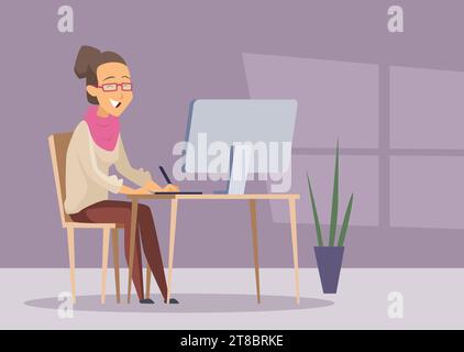 Designer working. woman artist working at PC in home workplace. Vector cartoon background Stock Vector