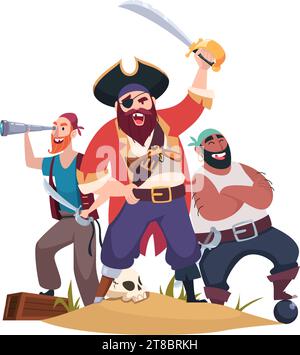 Pirates. Group of aggressive pirate corsair sailors with weapons standing in action poses. Vector template Stock Vector