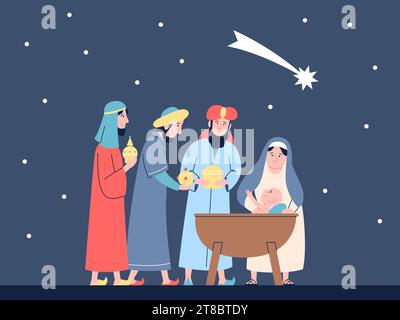 Happy epiphany banner. Three wise men with gifts for baby jesus, flat religion or mythology scene. Holy festival of faith, christian recent vector Stock Vector