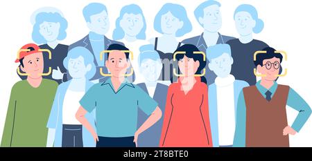 Person recognition in crowd on face. Digital security technologies, public space safety concept. Modern authentication, ai learning recent vector Stock Vector