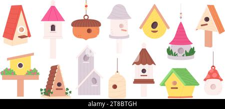 Spring birdhouses various view. Wooden birdhouse, different homes and feeders for forest wild and city birds. Handcrafted cartoon racy vector objects Stock Vector
