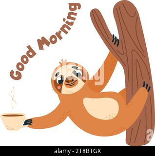 Sloth and morning coffee. Funny sloth-bear hanging on tree branch and hold cup. Lazy asleep animal, problems waking up metaphor, classy vector Stock Vector
