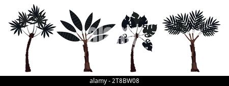 Set of palm trees: coconut and banana. Large carved leaves and dark trunks. Plants. Vector illustration Stock Vector