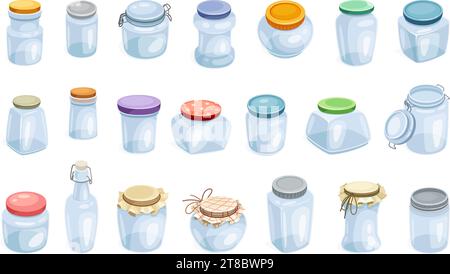 Cartoon empty jars. Kitchen glass mason jar with screw lid for seasonings or preserved food, jam bank pots cooking canning meal glassware container set neoteric vector illustration empty glass jar Stock Vector