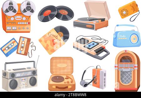Retro radio devices. Vintage vinyl jukebox, cd player or cassette tape recorder music 1990s hipster collection, stereo home boombox audio sound equipment, neat vector illustration of retro sound Stock Vector