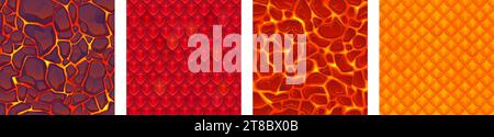 Dragon skin. Animal fire armour stone lava seamless pattern, red snake fairy dragons reptile scale structure, roof tile cartoon game ingenious vector illustration of skin pattern texture design Stock Vector