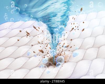Wash swirl on fabric. Powerful laundry cyclone on macro textile background, detergent water twister for stains removal in dirty fiber clothes, clean ad 3d exact vector illustration of fabric wash Stock Vector