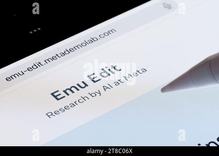 Emu Edit tool logo seen on ipad screen. New AI image editing tool from Meta. Stafford, UK, November 19, 2023 Stock Photo