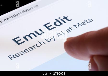 Emu Edit tool logo seen on ipad screen. New AI image editing tool from Meta. Stafford, UK, November 19, 2023 Stock Photo