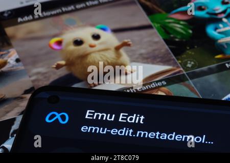 Emu Edit and Emu Video tool logo seen on smartphone and its examples on the background. New AI image and video generation and editing tool from Meta. Stock Photo
