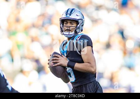 Charlotte, NC, USA. 19th Nov, 2023. Carolina Panthers quarterback Bryce Young (9) drops to throw against the Dallas Cowboys in the NFL matchup in Charlotte, NC. (Scott Kinser/Cal Sport Media). Credit: csm/Alamy Live News Stock Photo