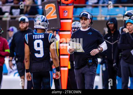 Charlotte, NC, USA. 19th Nov, 2023. Carolina Panthers Head Coach Frank Reich talks with Carolina Panthers quarterback Bryce Young (9) during the fourth quarter of the NFL matchup in Charlotte, NC. (Scott Kinser/Cal Sport Media). Credit: csm/Alamy Live News Stock Photo