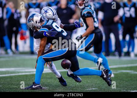 Charlotte, NC, USA. 19th Nov, 2023. Dallas Cowboys safety Donovan Wilson (6) hits Carolina Panthers quarterback Bryce Young (9) as he drops the ball during the fourth quarter of the NFL matchup in Charlotte, NC. (Scott Kinser/Cal Sport Media). Credit: csm/Alamy Live News Stock Photo