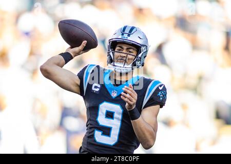 Charlotte, NC, USA. 19th Nov, 2023. Carolina Panthers quarterback Bryce Young (9) drops to throw against the Dallas Cowboys in the NFL matchup in Charlotte, NC. (Scott Kinser/Cal Sport Media). Credit: csm/Alamy Live News Stock Photo