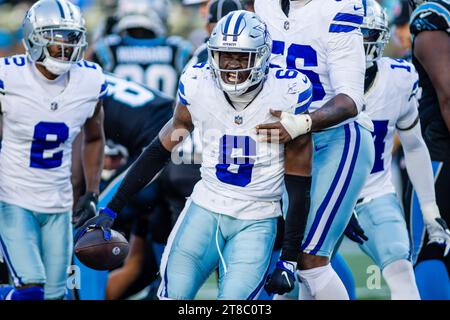 Charlotte, NC, USA. 19th Nov, 2023. Dallas Cowboys safety Donovan Wilson (6) celebrates after recovering a fumble during the fourth quarter against the Carolina Panthers in the NFL matchup in Charlotte, NC. (Scott Kinser/Cal Sport Media). Credit: csm/Alamy Live News Stock Photo