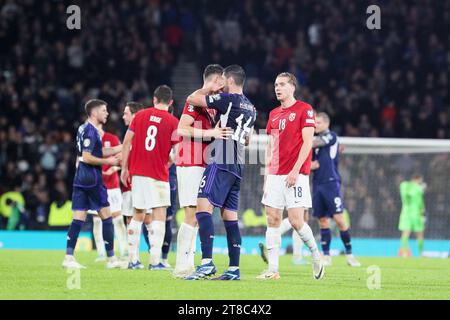 Glasgow, Scotland. 19th Nov, 2023. qualification campaign, UK. 19th Nov, 23. played Norway at Hampden Park, Glasgow, Scotland's National stadium. Before the game, Scotland has already qualified and sits second below Spain. The result will be important when the next draw is made. Credit: Findlay/Alamy Live News Credit: Findlay/Alamy Live News Stock Photo