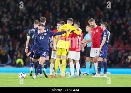 Glasgow, Scotland. 19th Nov, 2023. qualification campaign, UK. 19th Nov, 23. played Norway at Hampden Park, Glasgow, Scotland's National stadium. Before the game, Scotland has already qualified and sits second below Spain. The result will be important when the next draw is made. Credit: Findlay/Alamy Live News Credit: Findlay/Alamy Live News Stock Photo