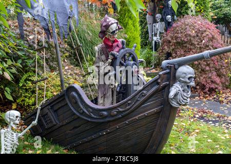 Pirate ship skeleton front yard halloween decorations Stock Photo