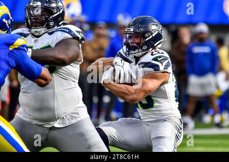 Inglewood, CA. 19th Nov, 2023. Seattle Seahawks running back Zach Charbonnet (26) runs in action in the first quarter during the NFL football game against the Seattle Seahawks.Mandatory Photo Credit: Louis Lopez/Cal Sport Media (Credit Image: © Louis Lopez/Cal Sport Media). Credit: csm/Alamy Live News Stock Photo