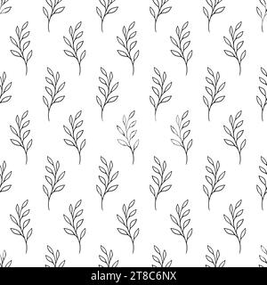 Leaf seamless pattern. Repeating leaves background. Repeated nature patern for design prints. Line simple plant. Spring repeat texture. Hand draw Stock Vector