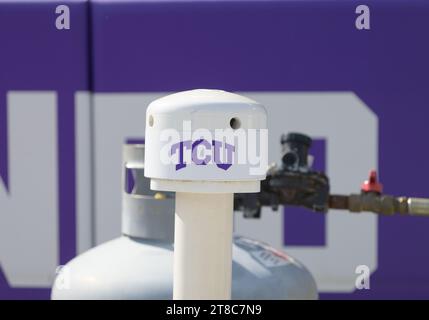 Fort Worth, Texas, USA. 18th Nov, 2023. TCU Horned Frogs helmet warmer before the NCAA Football game between the Baylor Bears and TCU Horned Frogs at Amon G. Carter Stadium in Fort Worth, Texas. Matthew Lynch/CSM/Alamy Live News Stock Photo