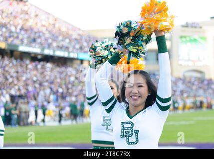 Fort Worth, Texas, USA. 18th Nov, 2023. Baylor Bears cheerleaders during the 2nd half the NCAA Football game between the Baylor Bears and TCU Horned Frogs at Amon G. Carter Stadium in Fort Worth, Texas. Matthew Lynch/CSM/Alamy Live News Stock Photo