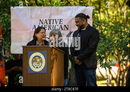Marjorie Franklin speaks at the public dedication of a statue honoring her father and Miwok leader William J. Franklin Sr. in the city's Capitol park. Stock Photo