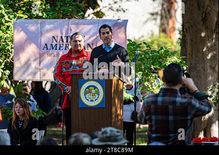 Assemblyman James Ramos speaks at the public dedication of a statue ...