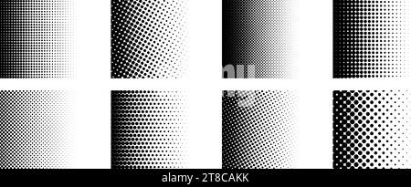 Different halftone gradient backgrounds set. Cartoon dots texture wallpaper collection. Black white comic design cover pack for banner, poster, print. Pop art dotted square illustration bundle. Vector Stock Vector