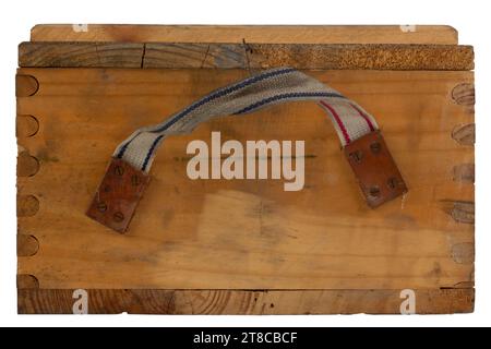 Army ammunition wooden crate isolated on white background. Stock Photo