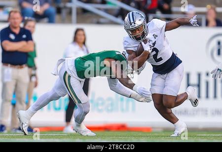 November 18, 2023: Rice University junior Tre'Shon Devones (2) runs the ball. NCAA football game between Rice University and University of North Carolina-Charlotte, at Jerry Richardson Stadium, Charlotte, North Carolina. David Beach/CSM Stock Photo