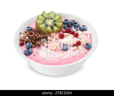 Tasty smoothie bowl with fresh kiwi fruit, berries and granola isolated on white Stock Photo