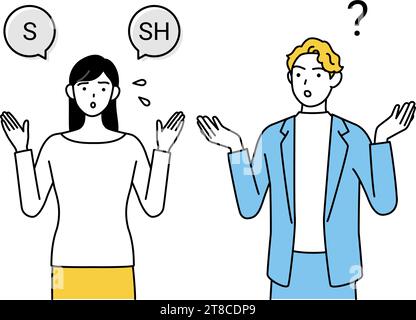 English Conversation, Japanese Woman Struggles with English Pronunciation of 'l' and 'r' for Caucasian Men, Vector Illustration Stock Vector