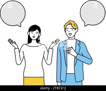 English conversation, Japanese woman speaking English with a white man, with speech balloon, Vector Illustration Stock Vector