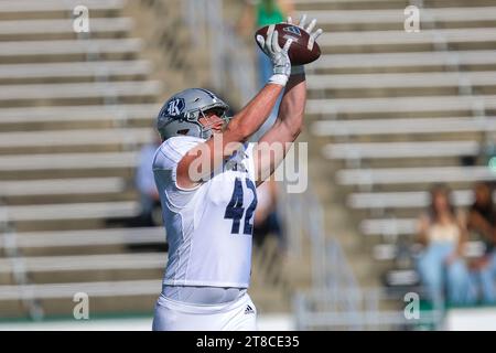 November 18, 2023: Rice University sophomore Trey Phillippi (42) catches ball. NCAA football game between Rice University and University of North Carolina-Charlotte, at Jerry Richardson Stadium, Charlotte, North Carolina. David Beach/CSM Stock Photo