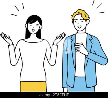 English conversation, Japanese woman speaking English with a white man, Vector Illustration Stock Vector