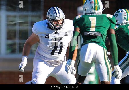 November 18, 2023: Rice University senior Clay Servin (71) blocks. NCAA football game between Rice University and University of North Carolina-Charlotte, at Jerry Richardson Stadium, Charlotte, North Carolina. David Beach/CSM Stock Photo