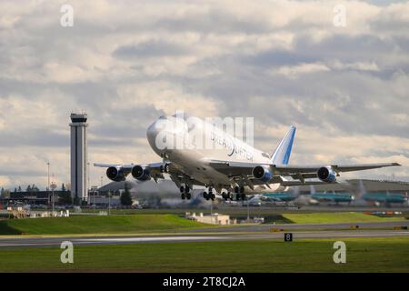 Everett, WA, USA - November 13, 2023; Boeing modified 747 Dreamlifter supply chain logistics aircraft operated by Atlas Air on take off Stock Photo