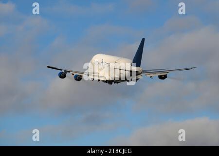 Everett, WA, USA - November 13, 2023; Boeing modified 747 Dreamlifter supply chain logistics aircraft operated by Atlas Air taking departing Stock Photo