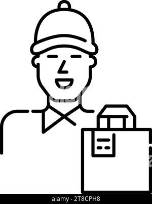 Food delivery service. Courier in polo shirt and baseball cap and paper bag. Pixel perfect icon Stock Vector
