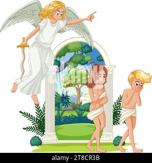 Adam and Eve's expulsion from paradise depicted in a vibrant vector cartoon Stock Vector