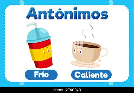 Learn Spanish antonyms with a cartoon-style picture card hot and cold Stock Vector