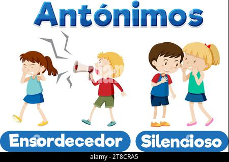 A vector cartoon illustration depicting the antonyms 'Ensordecedor' and 'Silencioso' in Spanish language education Stock Vector