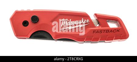 Winneconne, WI - 28 October 2023:  A package of Milwuakee fastback utility knife on an isolated background Stock Photo