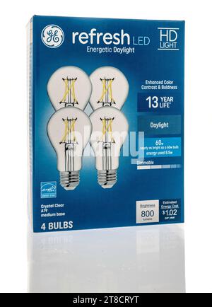 Winneconne, WI - 28 October 2023:  A package of GE refresh led light bulbs on an isolated background Stock Photo