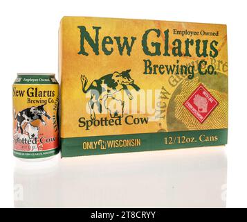 Winneconne, WI - 28 October 2023:  A package of New Glarus brewing spotted cow beer on an isolated background Stock Photo