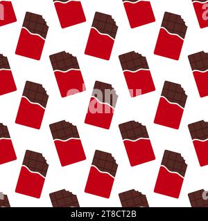 Seamless pattern with red packaging chocolate bars. Bitten chocolate bar. Cartoon style. Vector flat background. Stock Vector
